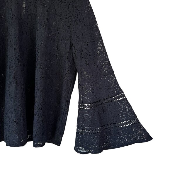 Ann Taylor LOFT Lace Tunic Top XL Dark Blue Bell Sleeve Sheer - Picture 2 of 10
